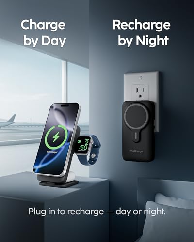 EcoHub 3-in-1 Magnetic Wireless Charger & Battery Pack for iPhone, iWatch, AirPods - 6,000mAh Battery | Built-in Wall Plug | 15W Magsafe Wireless Output | Foldable | Charging Station | Black