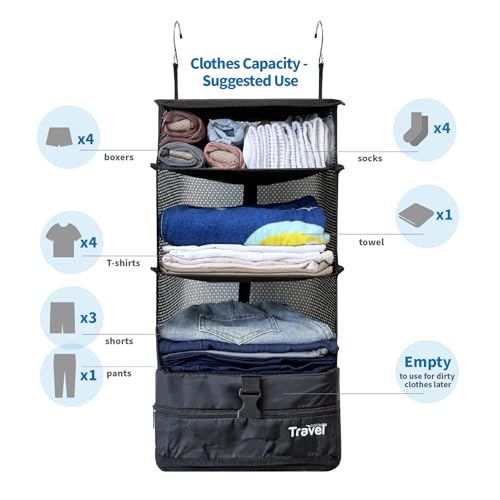 Stow-N-Go Hanging Travel Shelves, Packing Organizer for Luggage. Carry on Closet for Suitcase. Expandable Packing Cube. Travel Essentials. (Black - L, L = (L) 11.8" x (W) 11.8")