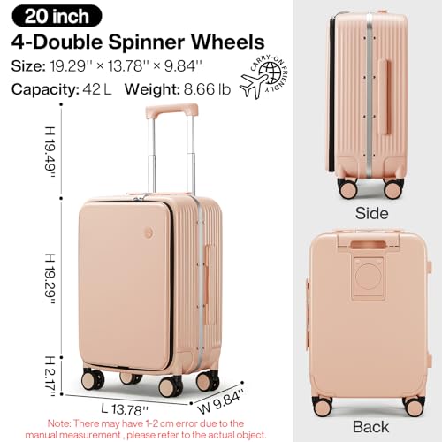 Carry On Luggage with Cup Phone Holder and Charger Hard Shell Suitcases with Spinner Wheels