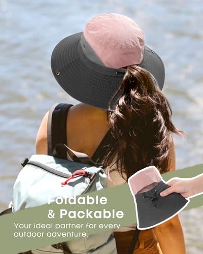 Womens Sun Hat with Ponytail Hole Beach Hiking Summer Wide Brim UPF 50+ Outdoor Protection Foldable Bucket Hat Pink