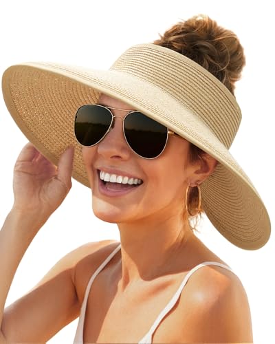 Womens Sun Hat with Ponytail Hole Wide Brim Beach Straw Visor