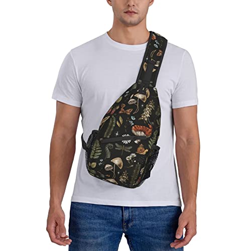 Sling Bag Vintage Mushroom Leaf Forest Hiking Daypack Crossbody Shoulder Backpack Travel Chest Pack for Men Women Over 12 Years Old