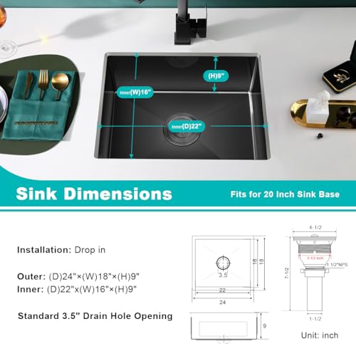24x18 Inch Undermount Kitchen Sink 18 Gauge 304 Stainless Steel