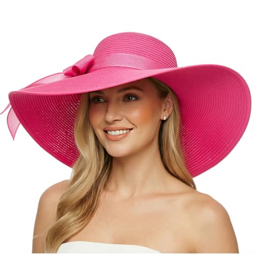 Womens Big Bowknot Straw Hat Foldable Sun Hats Floppy Beach Hat Large Roll up Cap UPF 50+