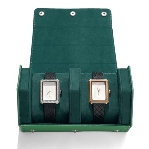 Green Leather Watch Roll Travel Case for Men