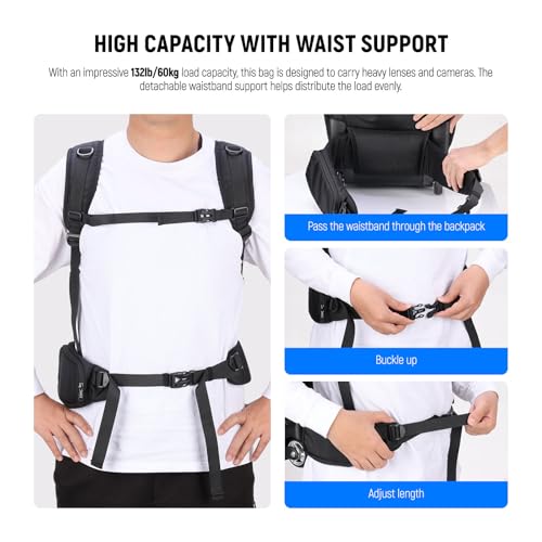 2 in 1 Camera Roller Bag with Detachable Shockproof Dividers Retractable Handle Waistband Rain Cover Water Resistant Robust Carry On Backpack for Camera Tripod Flash Lens Laptop