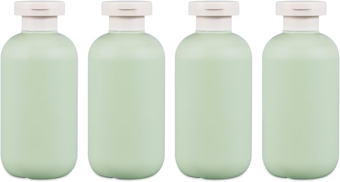 ASEVAT 6.7oz 4Pcs Green Plastic Refillable Travel Shampoo and Conditioner Bottles Plastic Refillable Travel Shampoo Bottles with Flip Cap Shampoo and Conditioner Dispenser