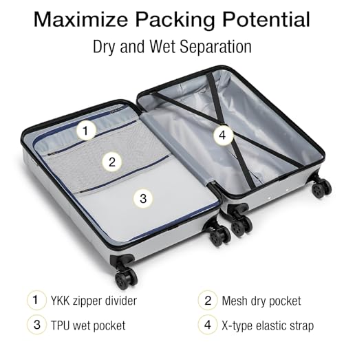 24 Inch Luggage TSA Approved Hardshell Suitcases with Spinner Wheels Durable PC+ABS Medium Checked Travel Luggage for Women Men Silver Grey