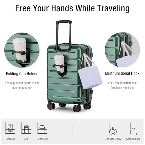 Carry On Luggage 22x14x9 Airline Approved Hardshell Carry On Suitcases with Wheels Travel Rolling 20 Inch Luggage with Cup Holder for Men Women