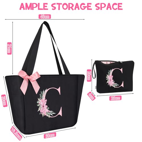 Tote Bag, A-Z Initial Monogrammed Waterproof Tote Bag, Bridesmaid Gifts for Women, Black and Pink (C, Black Set)