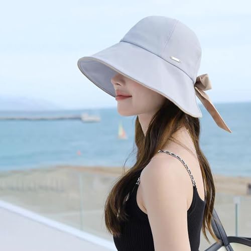 Wide Brim Hats for Woman Foldable Hats Sun Hats for Women uv Protection Bowknot Bucket hat Adjustable hat with Ponytail Hole Gery Grey