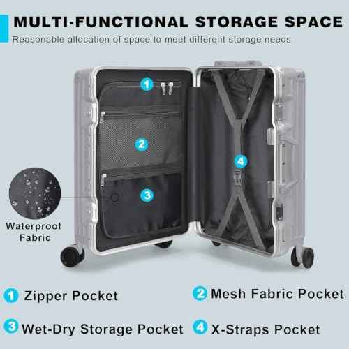 Carry On Luggage PC+ABS Aluminum Frame Zipperless Luggage Hard Shell Suitcase TSA Lock Double Spinner Wheels 20 Inch Silver