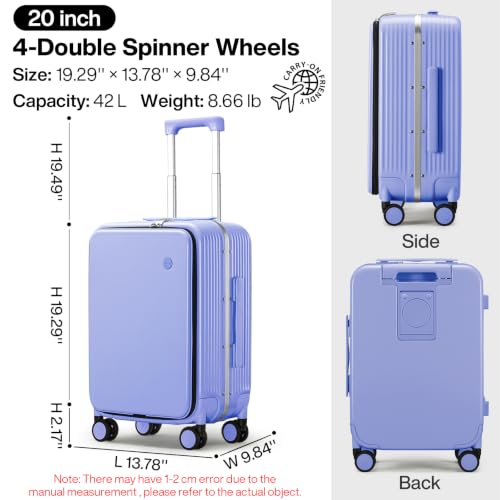 Carry On Luggage with Cup Phone Holder and Charger Hard Shell Suitcases with Spinner Wheels