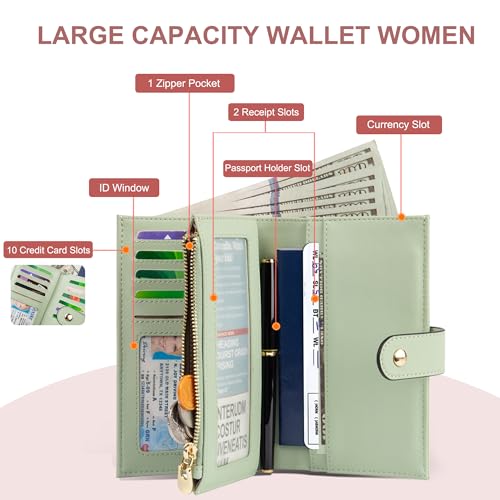Wallets for Women RFID Blocking Leather Trifold Clutch Wallet Credit Card Holder Ladies Travel Wallet Purse with Passport