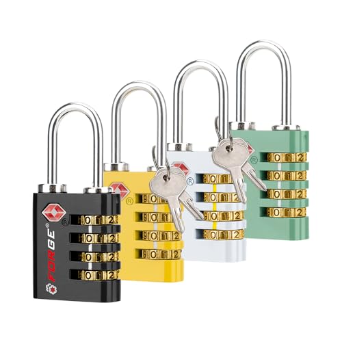 Dual-Opening: Key or Combination Access Lock, TSA Approved Locks for Luggage, Pelican case, Travel, Gym, School, Stainless Steel Shackle. (Multi Color, 4 Pk) (4 Count)
