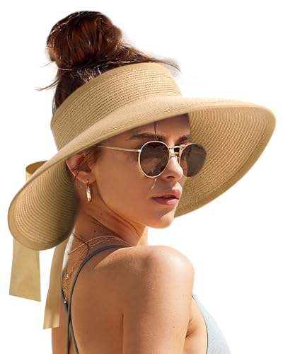 Women's Straw Sun Visor Hat UPF Wide Shade Ponytail Summer Hat