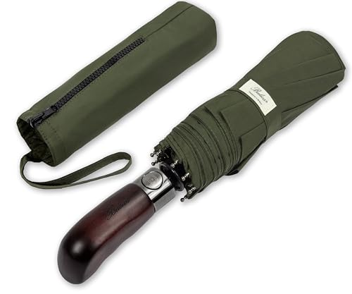 Folding Umbrella Real Wood Handle Auto Open Close Olive Green