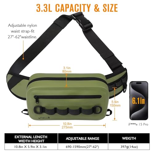 Waterproof Fishing Fanny Pack for Men 3.3L Fly Fishing Bag Chest Pack with Airtight Zipper Arme Green