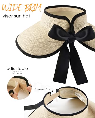 Women's Straw Sun Visor Hat UPF Wide Shade Ponytail Summer Hat