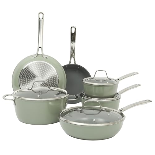 Kitchen Essentials Cool Commune Hard Anodized 10 Piece PFA Free Ceramic Non stick Interior Forged Durable Aluminum Pots and Pans Cookware Set