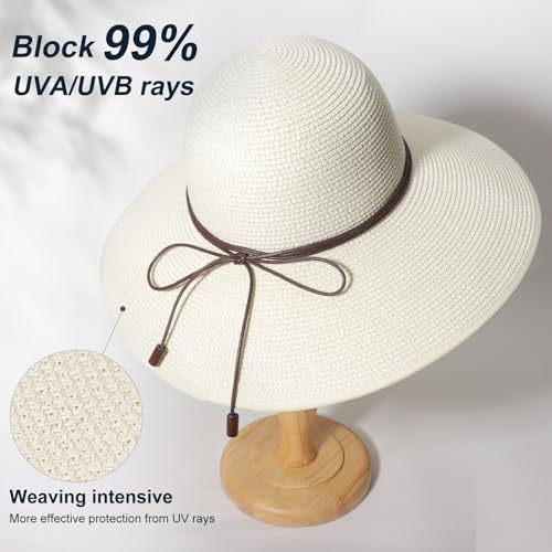 Womens Sun Straw Hat Bowknot Hat Summer Wide Brim Bucket Hats Foldable Beach Sun Hats Roll up UPF 50+