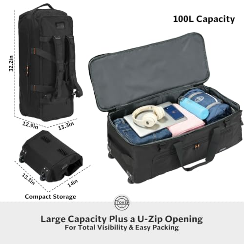 100L U Zip Rolling Duffel Bag with Wheels