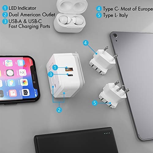 Chile, Rome, Italy Travel Plug Adapter Set, Chile plug adapter USB-USB-C 20W PD-QC 18W, 2 Outlet, US to Italy plug adapter for Lybia, Uruguay Includes Type C, L SWadAPt Attachments - PAK-IT