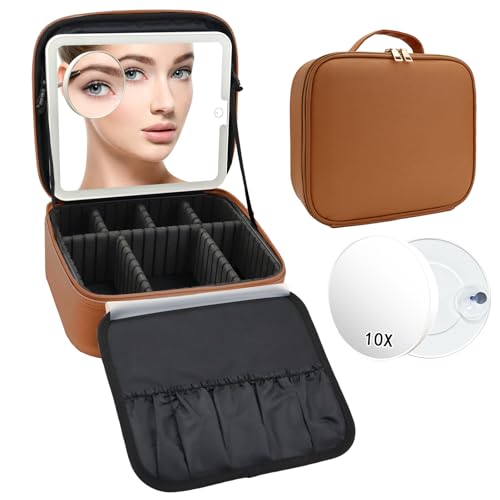 Travel Makeup Bag with LED Mirror and 10x magnifying glass with 3 Lighted Settings