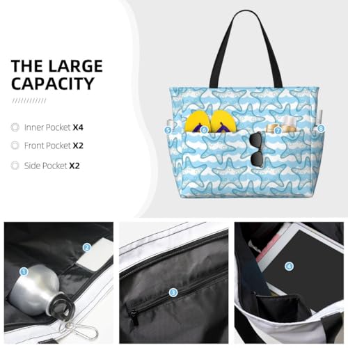 Waterproof Beach Tote Pool Bags for Women Ladies Extra Large Gym Tote Carry On Bag Wave starfish With Wet Compartment for Weekender Travel
