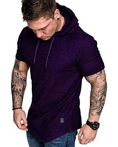 Mens Fashion Hoodies Sport Pullover Solid Color Shirt Workout Lightweight Tops Purple XX
