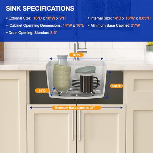 18 Inch Undermount Small Bar Sink Single Bowl Kitchen Sink White Granite Composite Wet Bar Sinks 18"W×16"D×9"H