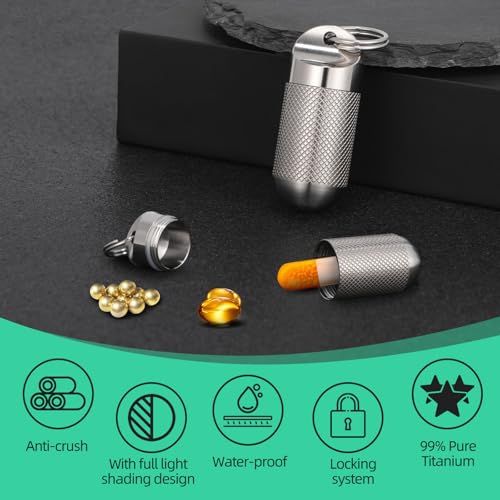 Titanium Keychain Pill Holder Waterproof Lightweight Portable Pocket Mini Pill Case for Emergency Medicine Travel Fits Daily Purse Wallet Small Pill Box Containers