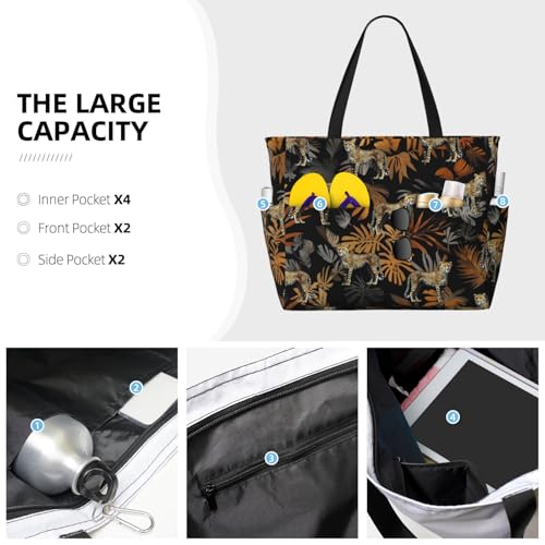 Beach Bag for Women Cheetah Print Beach Tote Bag Waterproof Sandproof Large Bags with Zipper Big Capacity for Travel