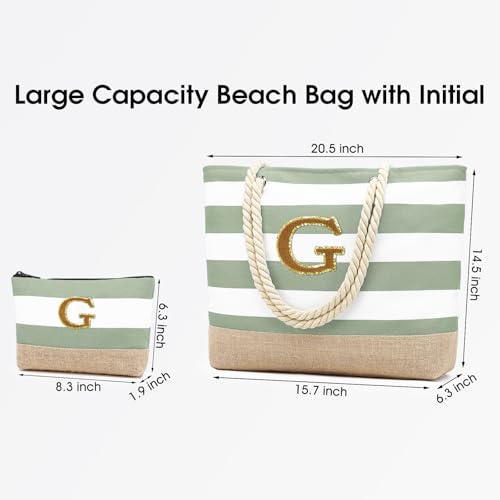 Beach Bag Initial Beach Tote with Makeup Bag for Travel Work Storage Personalized Birthday Gifts for Women Her