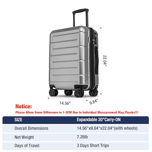 Carry On Luggage 22x14x9 Airline Approved Hardshell 20 Inch with TSA Lock Carry On Suitcase with Wheels Small Travel Rolling Luggage with Cup Holder for Women Men Silver