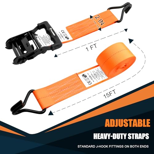 6 Pack 2 inch Ratchet Straps Heavy Duty J Hook 2 in x 15ft with Strong Ratcheting (6 Count)