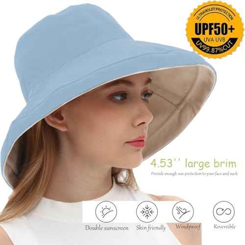 Womens Sun Hats Wide Brim Reversible Bucket Cotton Hat Packable Summer Travel Cap with Hat Clip