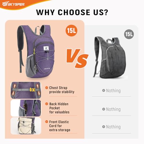 15L Foldable Hiking Backpack Lightweight Packable Travel Daypack with Chest Strap Small Outdoor Folding Back Pack Collapsible Bag for Women Men
