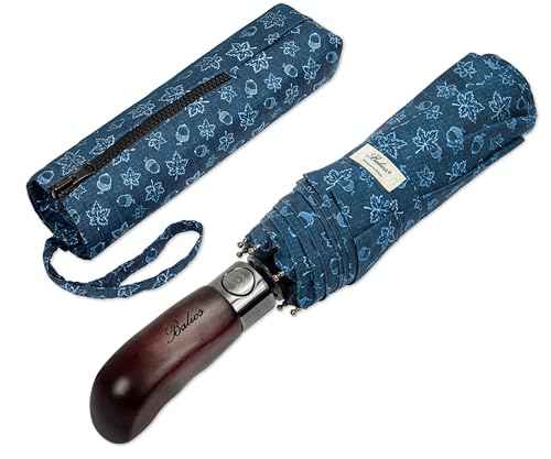 Folding Umbrella Real Wood Handle Maple Leaves Pageant Blue