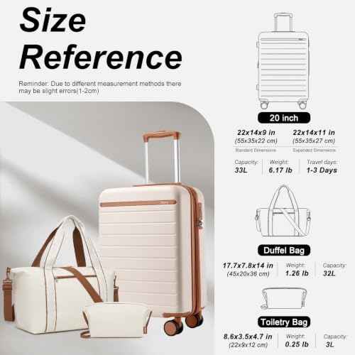 3 Piece Luggage Set carry on 20in Lightweight Travel Suitcase White
