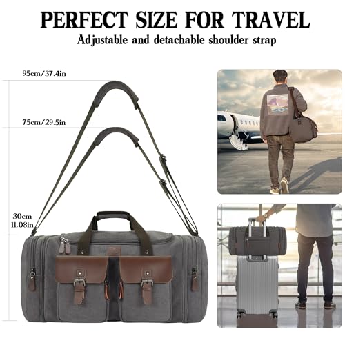 Canvas Duffle Bag for Men 50L Travel Duffel Bags Expandable Genuine Leather Duffel Overnight Weekender Carry On Bag Two Zipper Pockets Travel Bag