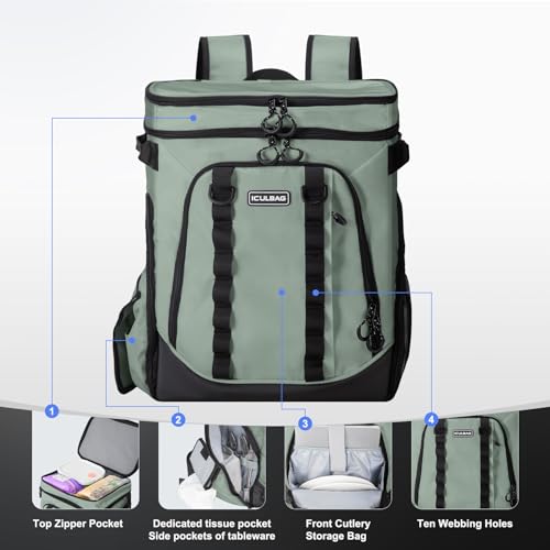 Insulated Cooler Bags for Travel Women 36cans Soft Cooler Backpack 18 Hours Cooling Lunch Backpack for Men Work for Camping Picinic Beach Grayish ArmyGreen 30L
