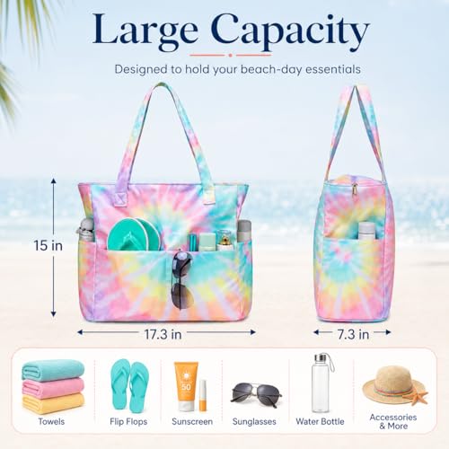 Waterproof Beach Tote Bag for Women Girls with Zipper Foldable Sandproof Pool Swim Bag Travel Carry On Gym