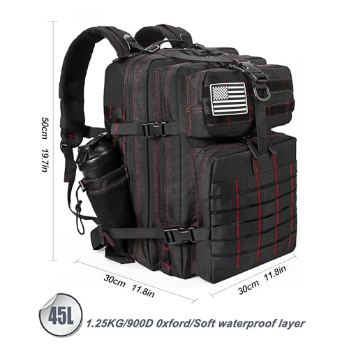 Military Tactical Backpack for Men and Women 45L Army 3 Days Assault Pack Bag Large Rucksack with Molle System Black with Red Line