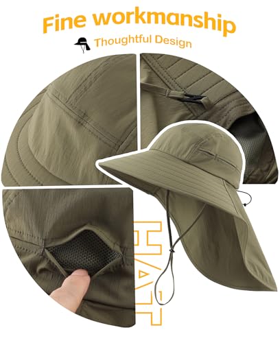 UPF 80+ Sun Hat for Men Women Wide Brim Fishing Hat with Neck Flap Summer Safari UV Protection Bucket Hat Army Green