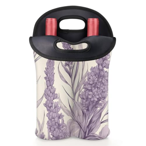 Cartoon Lavender 2 Bottle Wine Carrier Tote Bag Insulated Wine Bottles Neoprene Bag with Secure Carry Handle Portable Wine Cooler Bag for Travel Picnic Beach