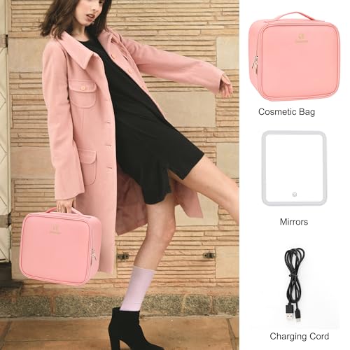 Travel Makeup Bag With LED Mirror Portable Travel Makeup Organizer 3 Color Adjustable Brightness Waterproof Cosmetic Train Case with Removable Dividers Makeup Storage for Women