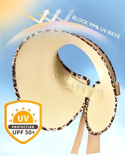 Women's Straw Sun Visor Hat UPF Wide Shade Ponytail Summer Hat
