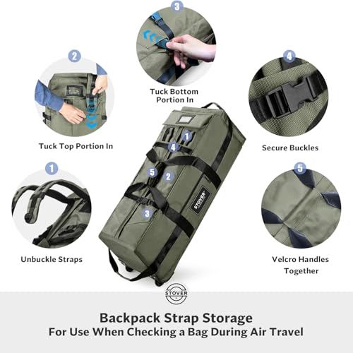 45/80/100L Rolling Duffel Bag with Wheels, Large Durable Travel Duffle + Toiletry Bag, Heavy Duty, Packable, Foldable with Shoulder Straps- Use as Luggage or Backpack, Men/Women (Green)