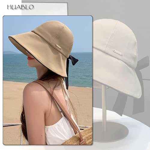 Wide Brim Hats for Woman Foldable Hats Sun Hats for Women uv Protection Bowknot Bucket hat Adjustable hat with Ponytail Hole Khaki